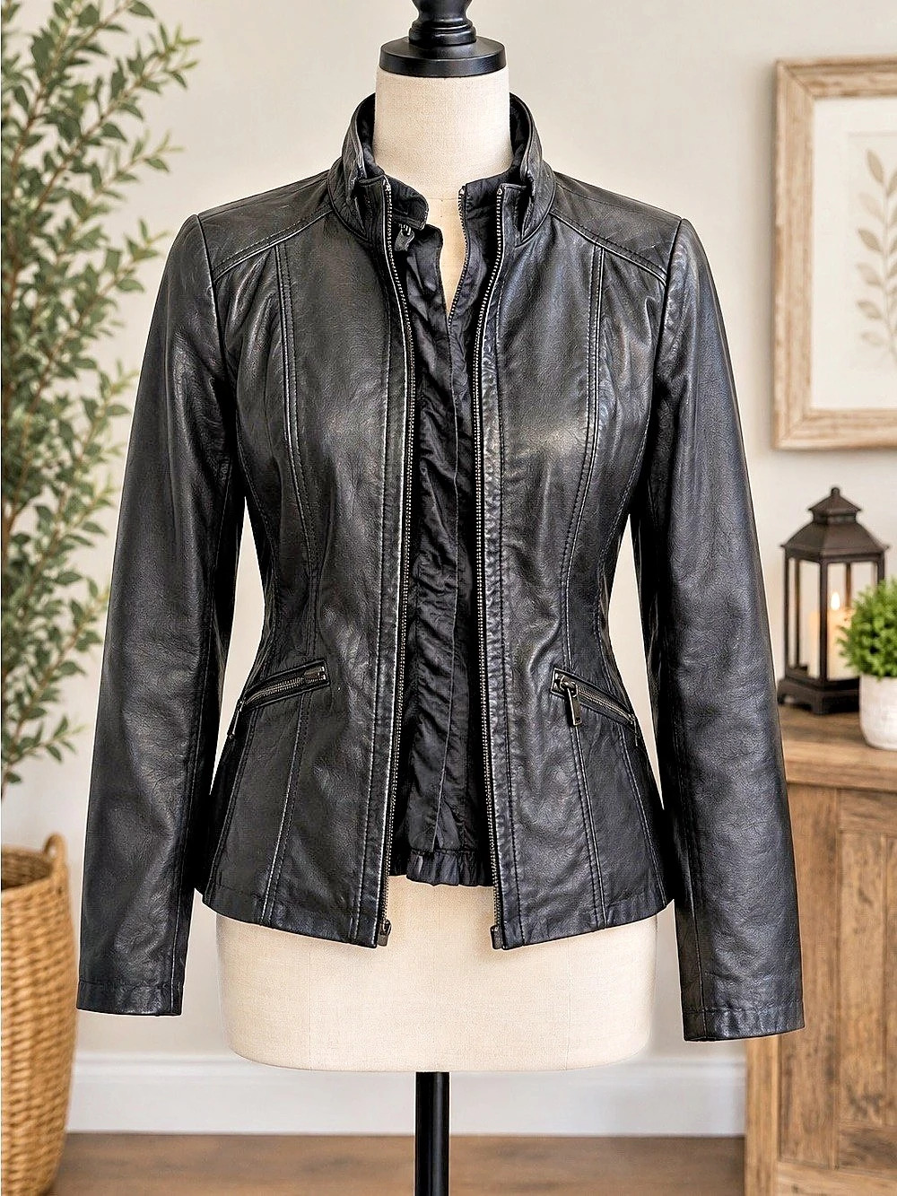 Avanti Black Leather Zip Front Jacket